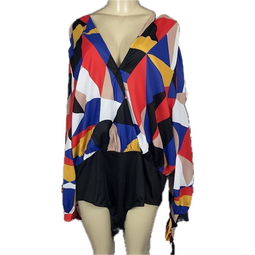 Fashion To Figure +3 Geometric Multi Surplice Neckline Long Tie Sleeve Bodysuit — image 2 of 6